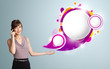 Pretty woman presenting abstract speech bubble copy space and ma