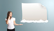 pretty woman making phone call and presenting modern copy space