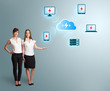 Young women presenting cloud computing network
