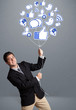 Photo: Attractive man holding social icon balloon Attractive man holding social icon balloon
