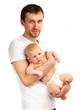 Photo: Young Caucasian father with baby son against white Young Caucasian father with baby son against white