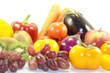 Fresh tasty fruits and healthy vegetables on white