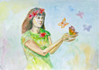 Watercolor drawing of a girl with butterflies