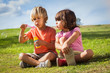 Brother and sister blowing bubbles