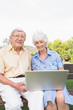 Portrait of elderly couple in the park using a laptop