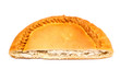 half of pie with stuffing from rice and hens isolated on white