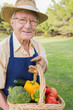 Smiling elderly man carrying basket of vegetables