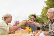 Family toasting each other at lunch outside