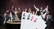 Attractive group cheering at the casino with digital hand of cards