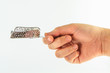 Woman hand sign with upper trays isolate on white background