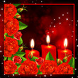 Valentine background. Red roses and three heart candles.