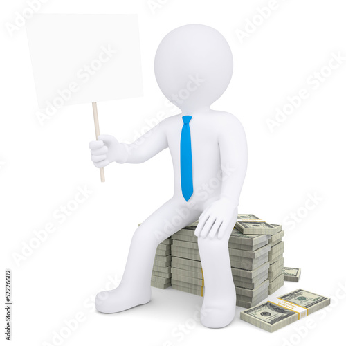 Illustration: 3d white man with placard sitting on pile of money 3d white man with placard sitting on pile of money