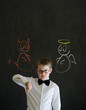 Photo : Boy business man with chalk angel and devil on shoulder Boy business man with chalk angel and devil on shoulder