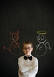 Thinking boy business man with chalk angel and devil on shoulder
