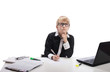 Schoolboy thinking and writing, on white background