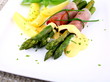 Green asparagus with ham, potato and sauce