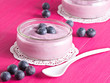 Joghurt mit Heidelbeeren auf einem Holztablett.