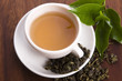 cup of green tea with freh leaves
