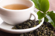 cup of green tea with freh leaves
