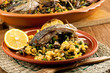 Baked crucian on a pillow from lentil and peas