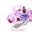 Photo: Perfume bottle, pink orchids on the white background. Perfume bottle, pink orchids on the white background.