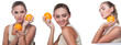 Woman with juice on white background.  Concept vegetarian dietin