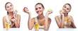 Happy Young Woman with apple juice on white background