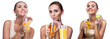 happy young woman with apple  juice on white background.  Conce