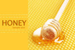 Yellow beautiful honeycomb and wooden honey dipper with honey .