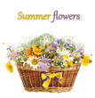 Beautiful bouquet of bright  wildflowers in basket isolated