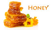 Sweet honeycombs with flowers isolated on white