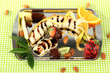 Fruit in chocolate on a colored background