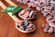 Photo: Cocoa beans with leaves in spoons on wooden background Cocoa beans with leaves in spoons on wooden background
