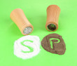 Salt and pepper shakers on color background