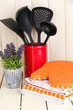 Kitchen settings: utensil, potholders, towels and else