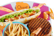 Hot-dog, hamburger and fries on scales close-up