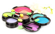 Bright eye shadows and sponge brushes for foundation isolated
