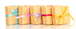 Sweet cookies tied with colorful ribbons isolated on white