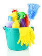 Cleaning items in bucket isolated on white