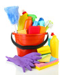 Cleaning items in bucket isolated on white