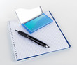 Blue business card holder, notebook and pen isolated on white