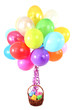 Many bright balloons and basket with gifts isolated on white