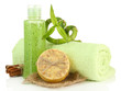 Bottle with scrub and hand-made soap, isolated on white