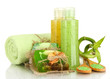 Bottles with scrub and hand-made soap, isolated on white