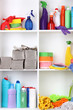 Shelves in pantry with  cleaners for home close-up