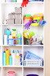 Shelves in pantry with  cleaners for home close-up