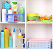 Shelves in pantry with  cleaners for home close-up