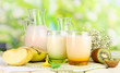 Delicious yogurts with fruits in glasses