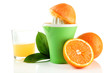 Citrus press, glass of juice and ripe oranges, isolated on