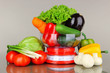 Fresh vegetables in scales on gray background